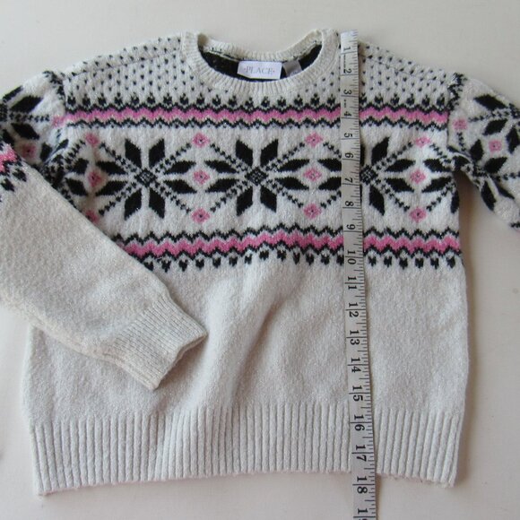 Girls Winter Fairisle White/Pink Frosty Floral Patterned Knit Sweater Size M 7/8 - Picture 6 of 7